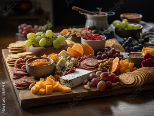 A table with a variety of cheese, crackers, and fruits, creating an appetizing charcuterie board