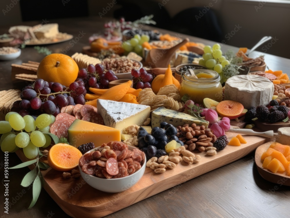 A table with a variety of cheese, crackers, and fruits, creating an appetizing charcuterie board A table with a variety of cheese, crackers, and fruits, creating an appetizing charcuterie board