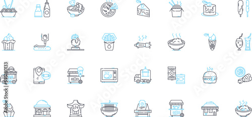 Quick meal linear icons set. Fast, Convenient, Easy, Simple, Nutritious, Delicious, Affordable line vector and concept signs. Healthy,Tasty,Filling outline illustrations