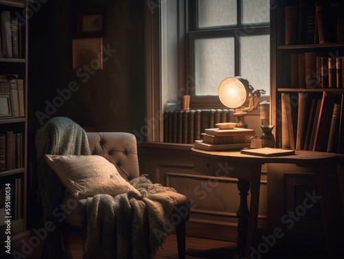 A table with a collection of books, a reading lamp, and a cozy blanket, creating a peaceful reading