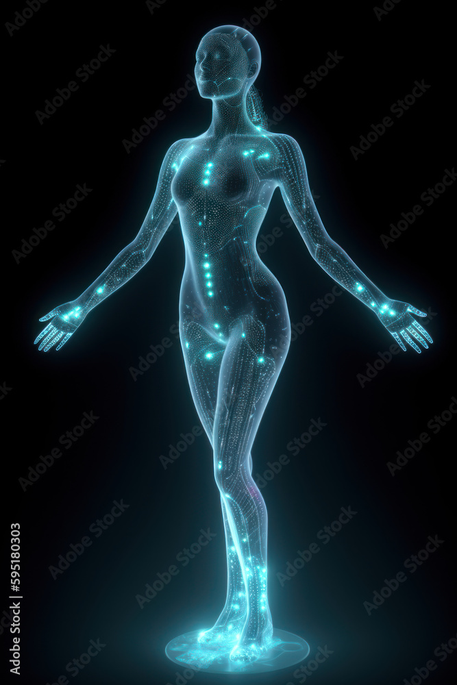 Technological hologram of a woman receiving energy. AI generation