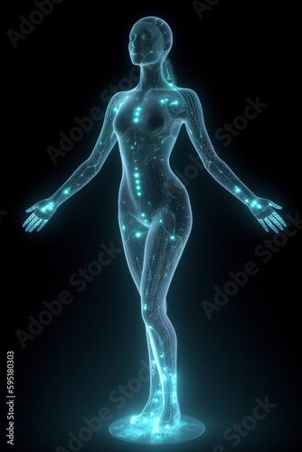 Technological hologram of a woman receiving energy. AI generation