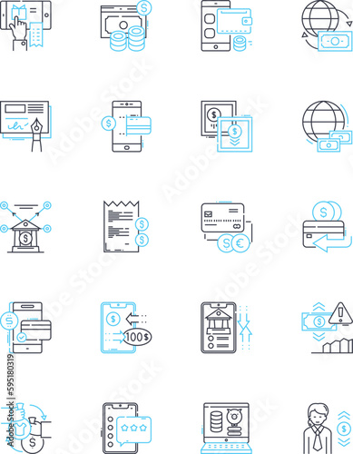 Electronic cash linear icons set. Bitcoin, Cryptocurrency, Digital currency, Blockchain, Ethereum, Wallet, Mining line vector and concept signs. Exchange,Token,Decentralized outline illustrations