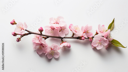 Pink cherry blossoms with branch in corner on white background. Generative AI image