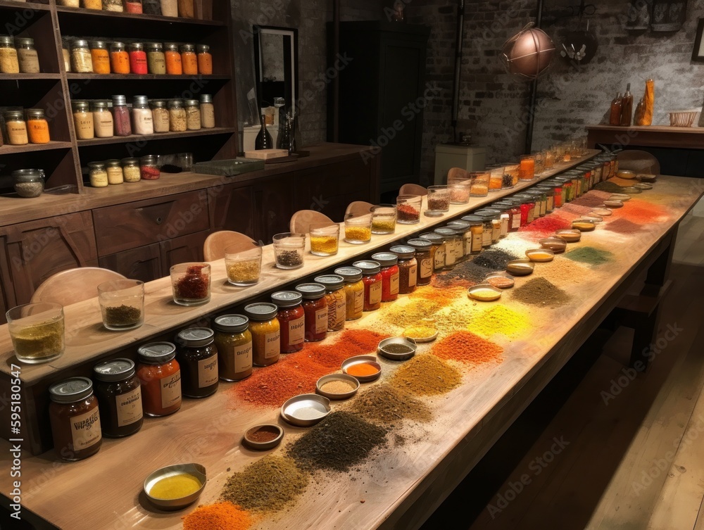 A table with a mix of different spices, herbs, and condiments