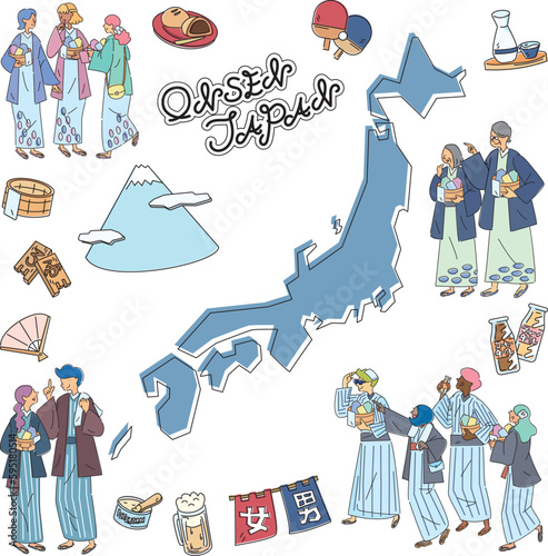 日本温泉旅行と浴衣を着た人物のセット（線画）