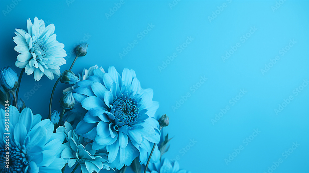 Obraz premium Blue flowers on blue background. Generative AI image. Generative AI image