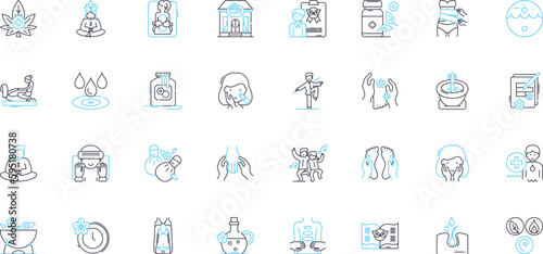 Natural healing linear icons set. Herbal, Crystals, Mindfulness, Meditation, Aromatherapy, Naturopathy, Acupuncture line vector and concept signs. Reflexology,Homeopathy,Chiropractic outline