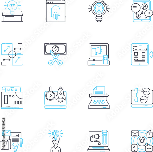 Informational cooperation linear icons set. Collaboration, Partnership, Alignment, Synergy, Communication, Coordination, Integration line vector and concept signs. Sharing,Exchange,Trust outline