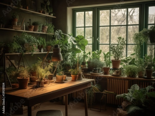 A calming and green atmosphere is created by a table adorned with potted plants