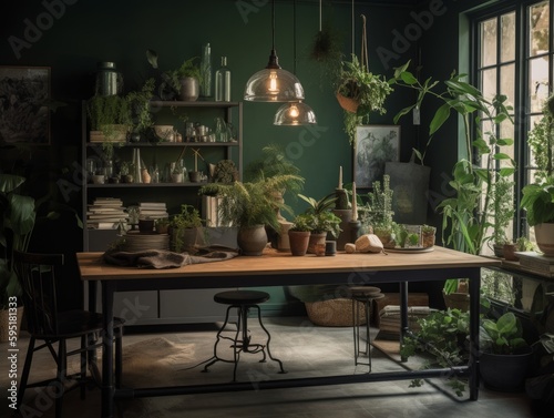 A calming and green atmosphere is created by a table adorned with potted plants © Suplim