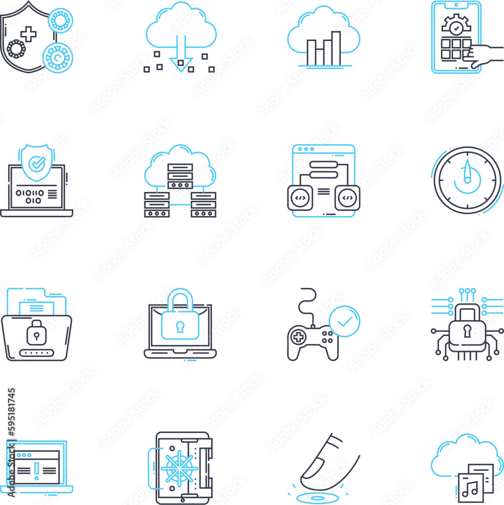 Confidential data linear icons set. Privacy, Encryption, Security, Access, Sensitive, Protection, Concealed line vector and concept signs. Restricted,Classified,Confidentiality outline illustrations
