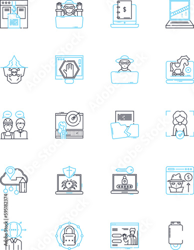 Fraudsters linear icons set. Deceit, Scam, Swindle, Sham, Trickster, Con-artist, Imposter line vector and concept signs. Charlatan,Imposition,Hoax outline illustrations