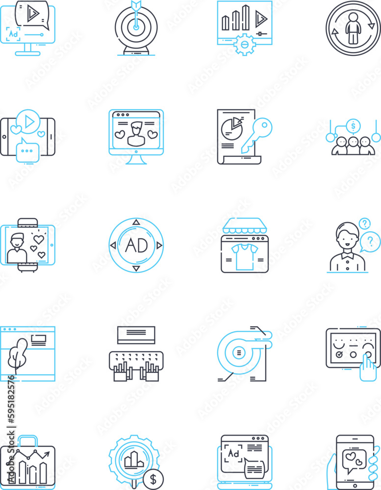 Internet advertising linear icons set. Advertisements, Marketing, Online, Pay-per-click, Banners, Popup, Affiliate line vector and concept signs. Targeted,Influencer,Conversion outline illustrations Internet advertising linear icons set. Advertisements, Marketing, Online, Pay-per-click, Banners, Popup, Affiliate line vector and concept signs. Targeted,Influencer,Conversion outline illustrations