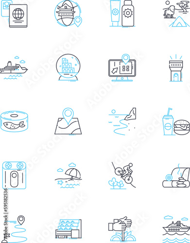 Road trip linear icons set. Adventure, Freedom, Exploration, Wanderlust, Scenic, Diversity, Excitement line vector and concept signs. Escape,Discovery,Anticipation outline illustrations