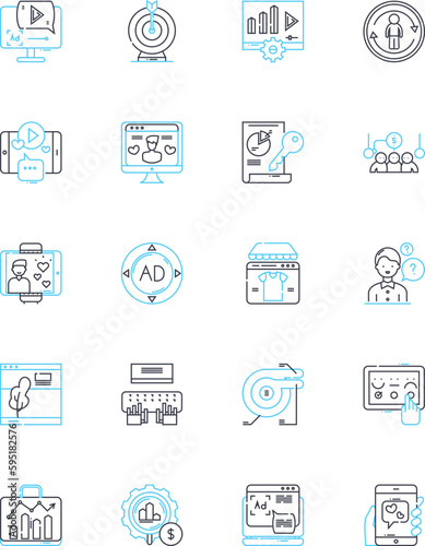 Internet advertising linear icons set. Advertisements, Marketing, Online, Pay-per-click, Banners, Popup, Affiliate line vector and concept signs. Targeted,Influencer,Conversion outline illustrations