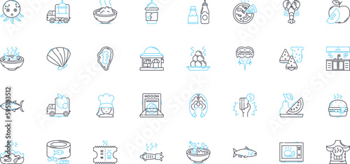 Feast linear icons set. Abundance, Banquet, Celebration, Cornucopia, Delicacy, Dinner, Eatables line vector and concept signs. Excess,Extravaganza,Family outline illustrations