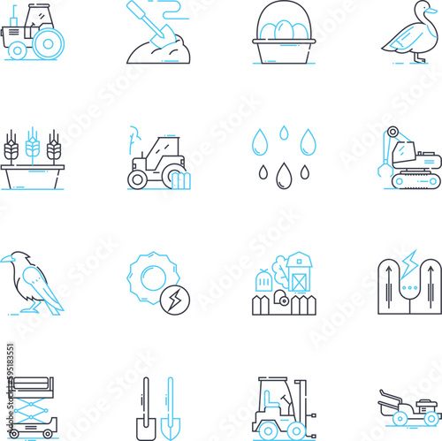 Livestock exposition linear icons set. Breeds, Competition, Exhibition, Cattle, Sheep, Goats, Swine line vector and concept signs. Horses,Poultry,Rabbits outline illustrations