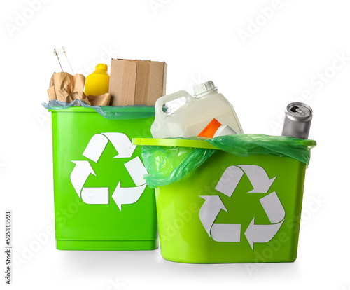 Trash bins with different garbage and recycling symbol isolated on white background