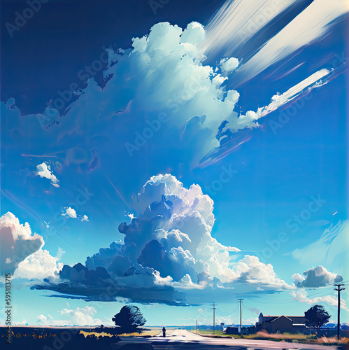 Cielo azul con nubes, paisaje estilo pintura digital, esperanza, nostalgía, horizonte, soñar.