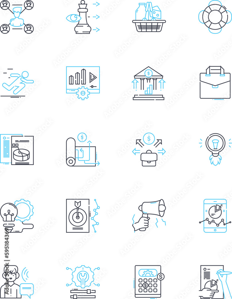 Targeted advertising linear icons set. Personalized, Precision, Efficient, Effective, Segmented, Analytical, Behavioral line vector and concept signs. Contextual,Data-driven,Consumer-centric outline