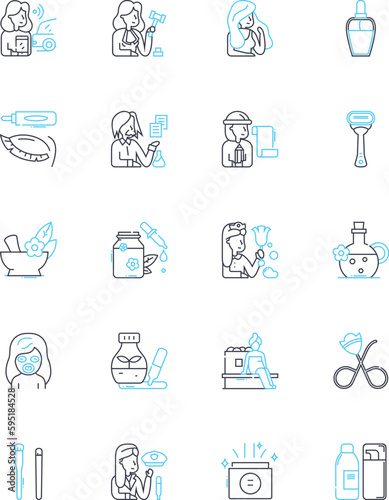 Cosmetics industry linear icons set. makeup, skincare, beauty, fragrance, haircare, nailcare, bodycare line vector and concept signs. lipsticks,eyeshadows,perfumes outline illustrations