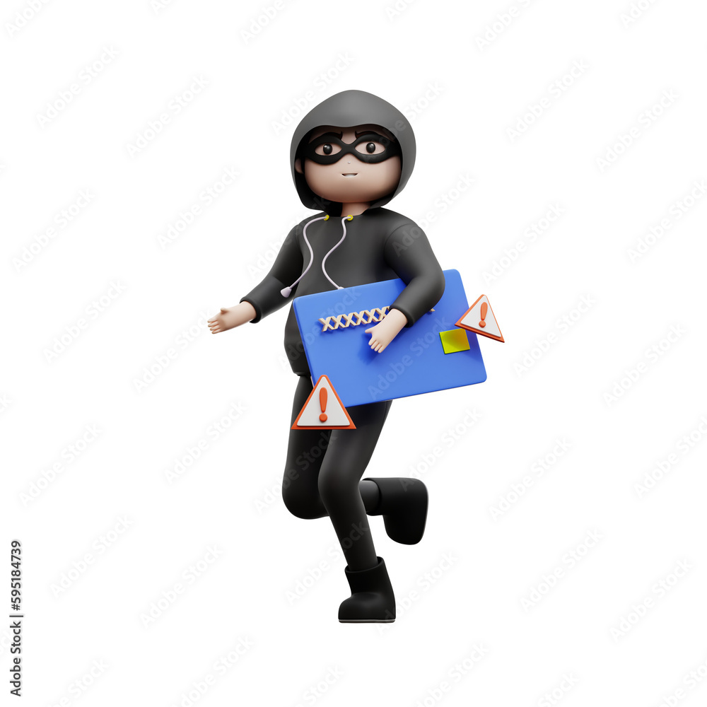 Cybercrime character 3d stealing money at ATM Cybercrime character 3d stealing money at ATM