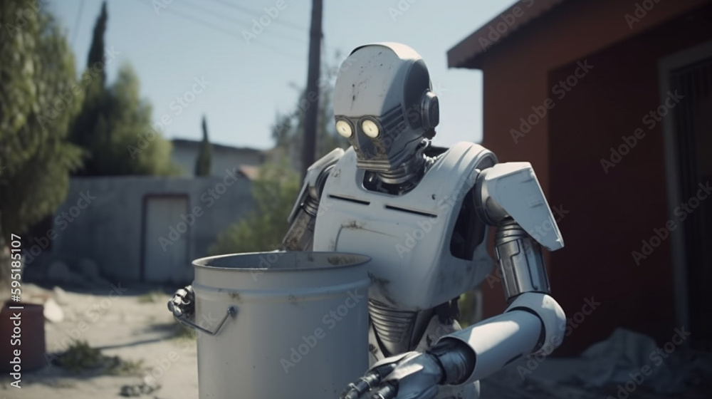 Illustration of a humanoid robot holding a tin trash can in a courtyard. Daily life of the future, morning light, created with generative AI technology Illustration of a humanoid robot holding a tin trash can in a courtyard. Daily life of the future, morning light, created with generative AI technology