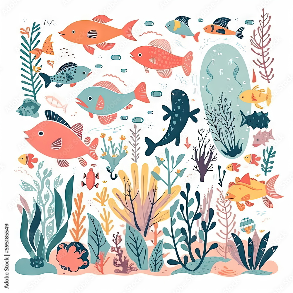 cute underwater sea animals on white background cute underwater sea animals on white background