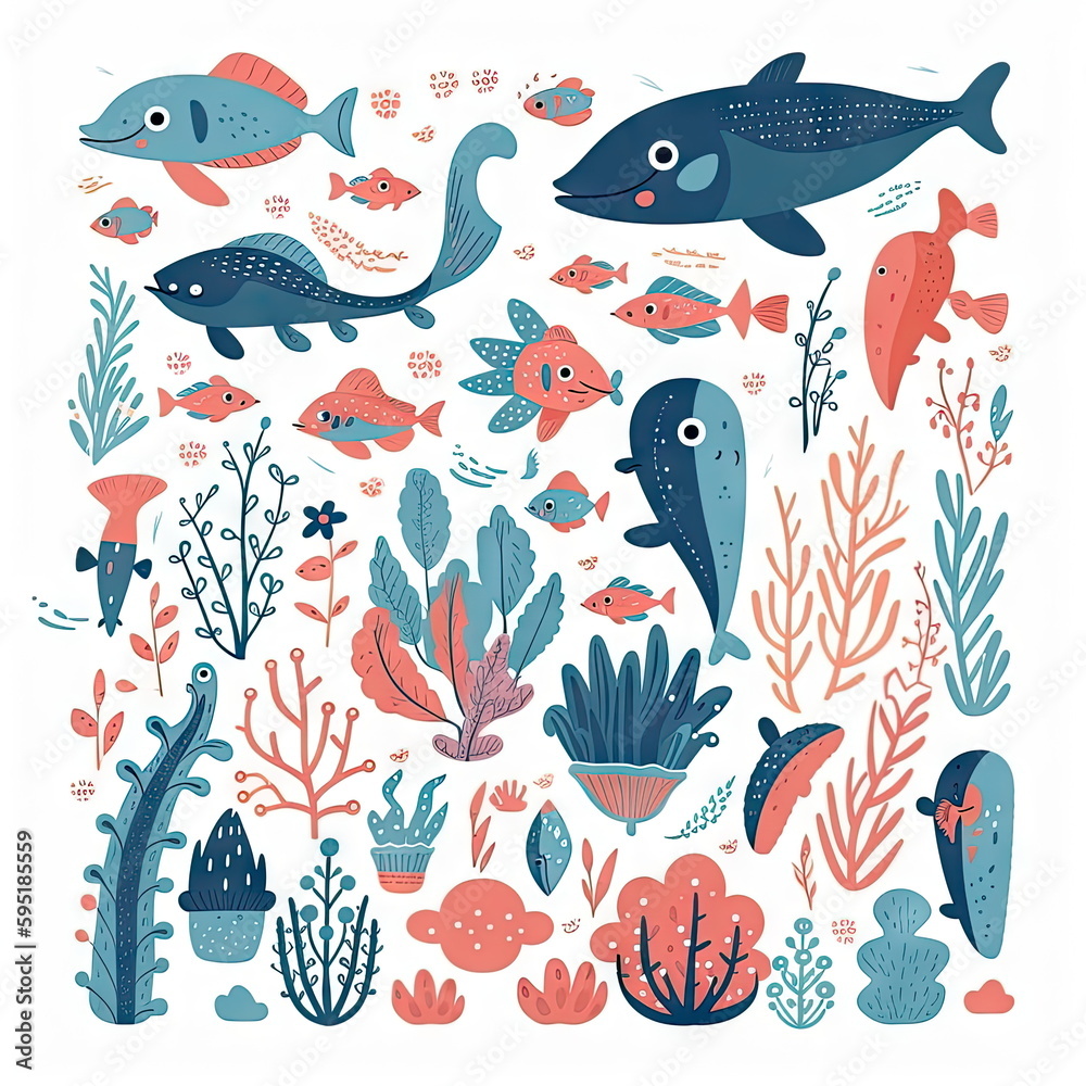 Obraz premium cute underwater sea animals on white background
