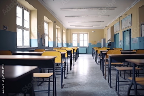 Empty classroom, Blurred school classroom without students with empty chairs and tables