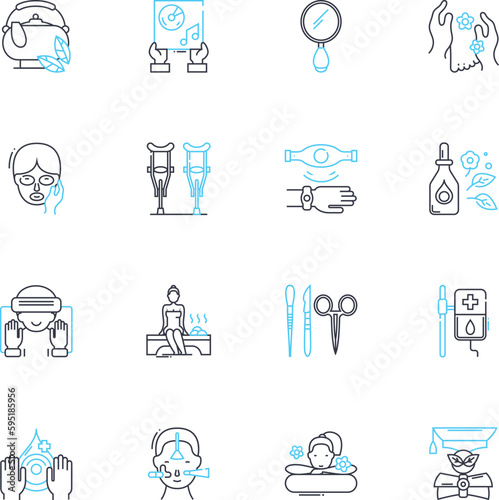 Relationship therapy linear icons set. Communication, Counseling, Trust, Intimacy, Respect, Empathy, Patience line vector and concept signs. Healing,Connection,Empowerment outline illustrations