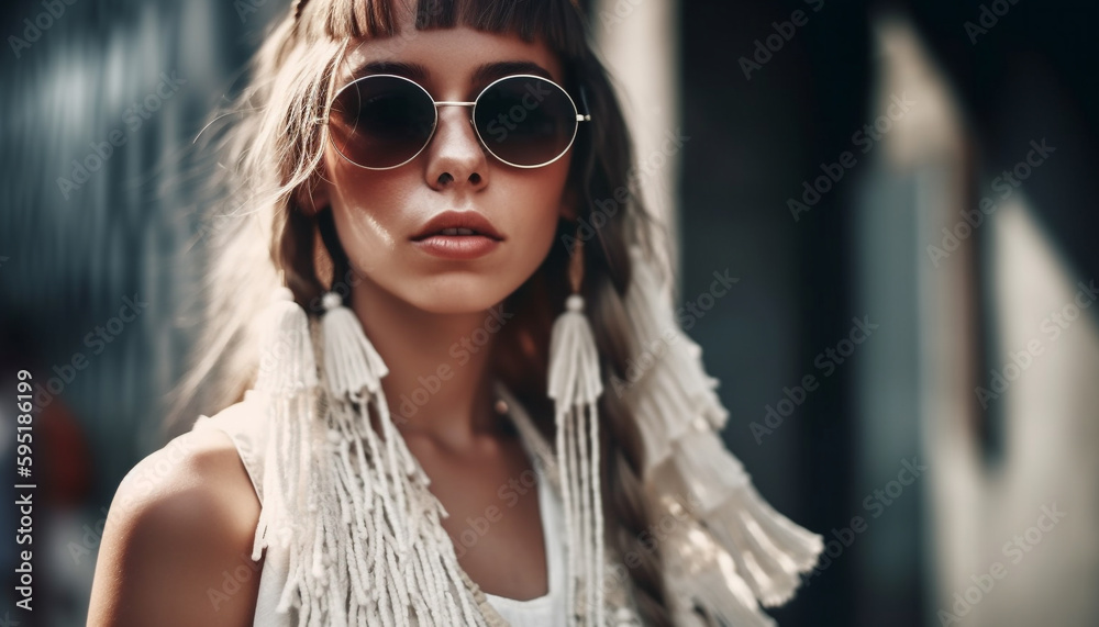 Young woman with sunglasses exudes summer sensuality generated by AI
