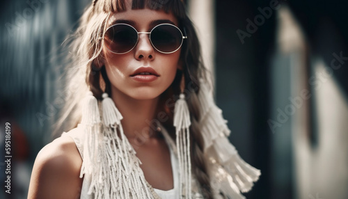 Young woman with sunglasses exudes summer sensuality generated by AI © Stockgiu