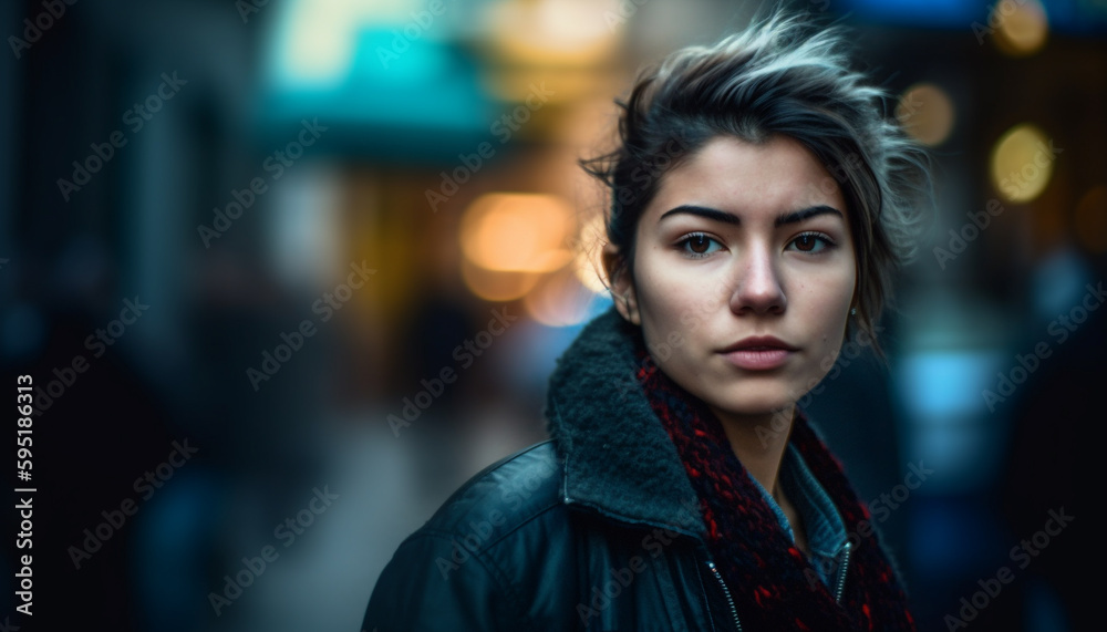 Obraz premium Young woman in city, confident and fashionable generated by AI