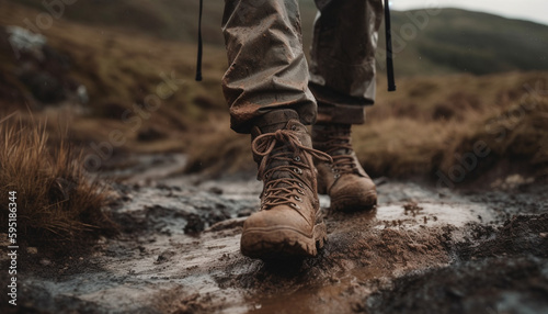 One person hiking with leather boots outdoors generated by AI