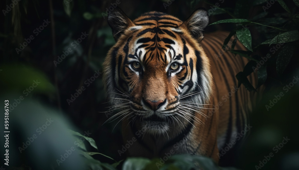 Bengal tiger staring, close up portrait in nature generated by AI