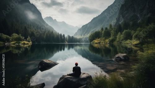 Men hiking mountain range, enjoying tranquil scenery generated by AI
