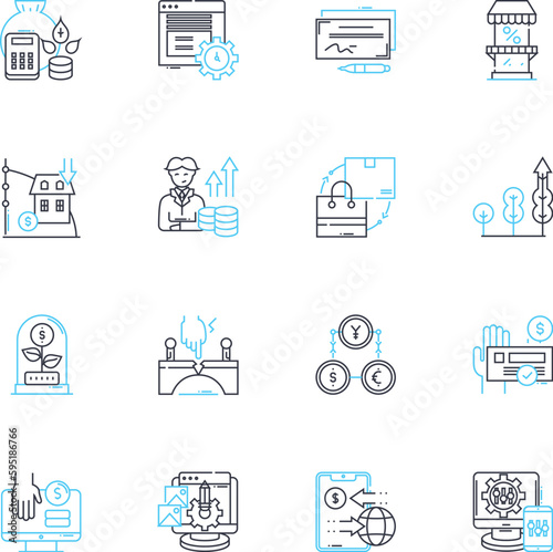 Economic Policy linear icons set. Fiscal, Mtary, Inflation, Deflation, Interest, Taxation, Regulation line vector and concept signs. Trade,Growth,Budget outline illustrations