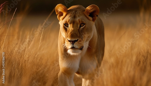 Majestic lioness walking through the African savannah generated by AI