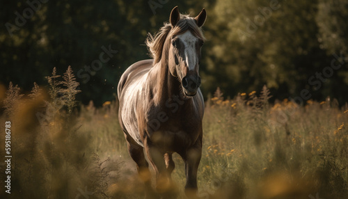 Thoroughbred horse running free in meadow sunset generated by AI