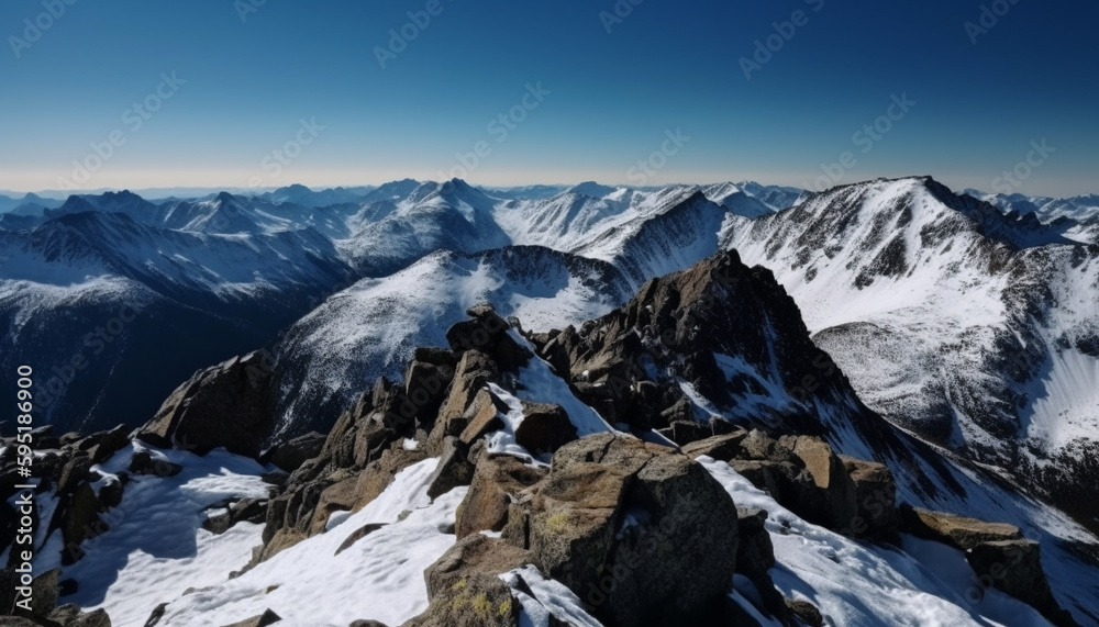 High up, mountain climbers explore majestic terrain generated by AI