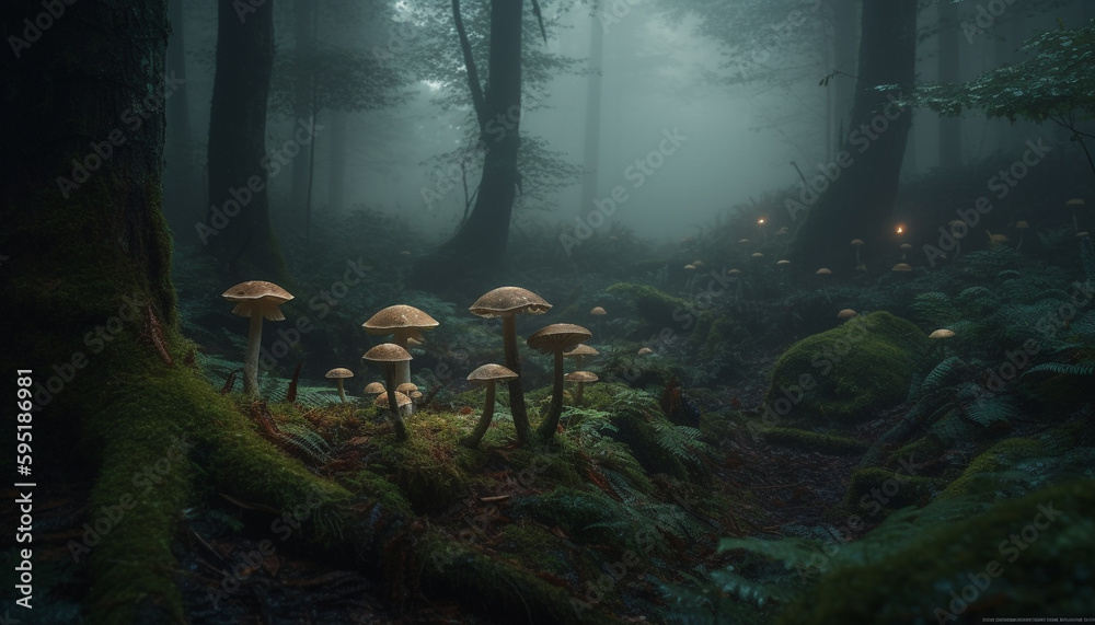 Dark forest mystery wet foliage, spooky fungus generated by AI