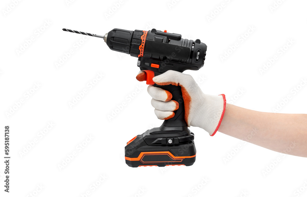Worker's hand in gloves holding cordless drill-screwdriver. Isolated on white. Worker's hand in gloves holding cordless drill-screwdriver. Isolated on white.