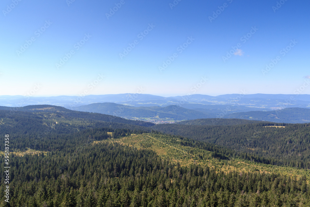 Panorama view of Bavarian Forest and municipality Bodenmais seen from mountain Großer Arber, Germany