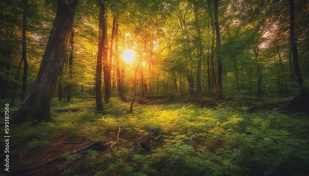 Obraz premium Vibrant autumn leaves adorn tranquil forest path generated by AI