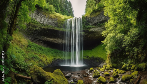 Flowing water cascades down majestic mountain cliff generated by AI