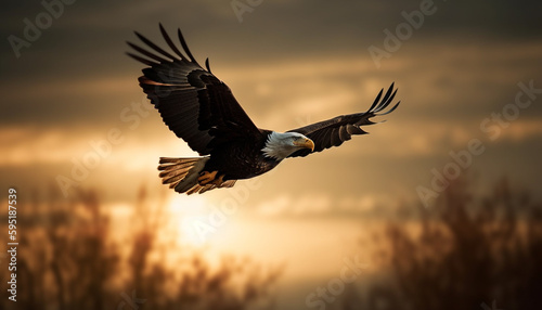 Majestic bald eagle spreads wings in mid air generated by AI