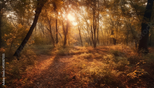 Autumn forest glows with vibrant yellow beauty generated by AI © Stockgiu