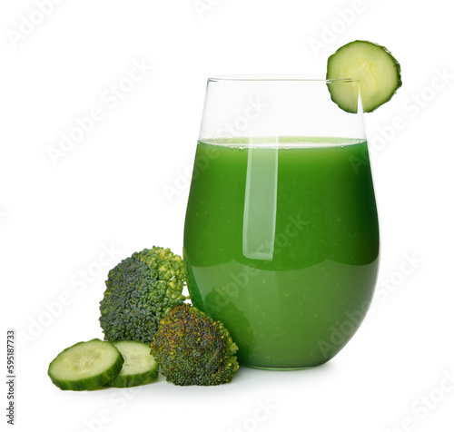 Glass of tasty green juice and ingredients on white background